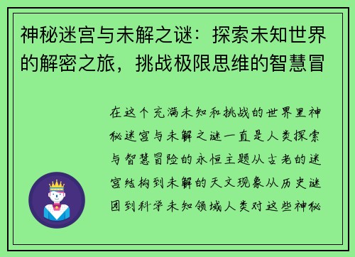 神秘迷宫与未解之谜：探索未知世界的解密之旅，挑战极限思维的智慧冒险
